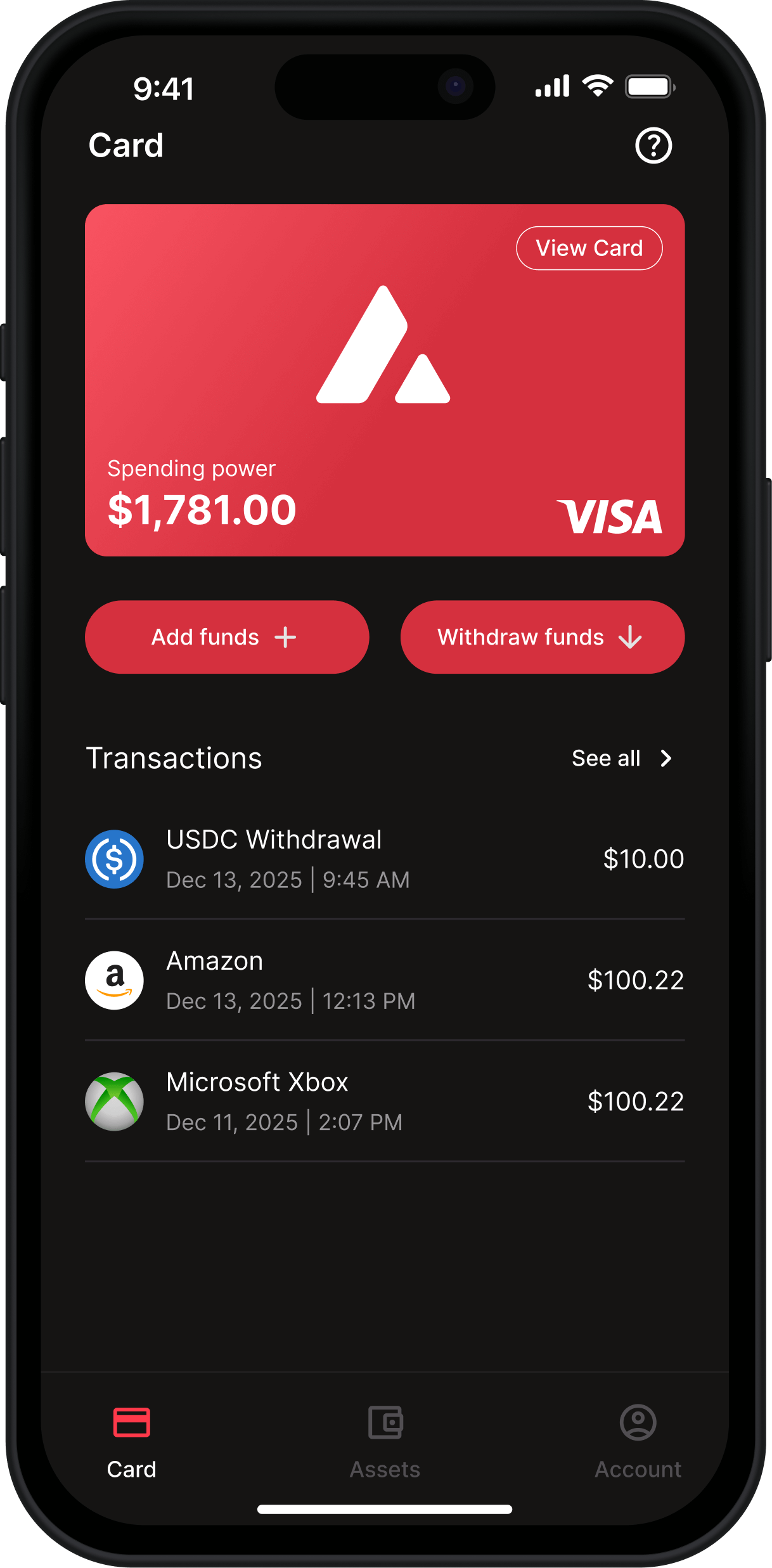 Avalanche Card app screen on a phone