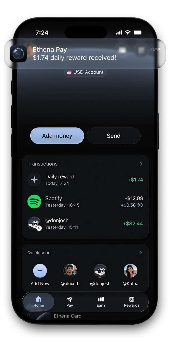 Ethena Pay app screen with the card