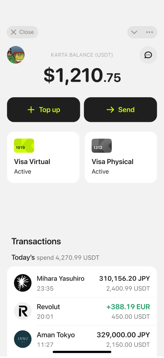Karta.io app screen with the card