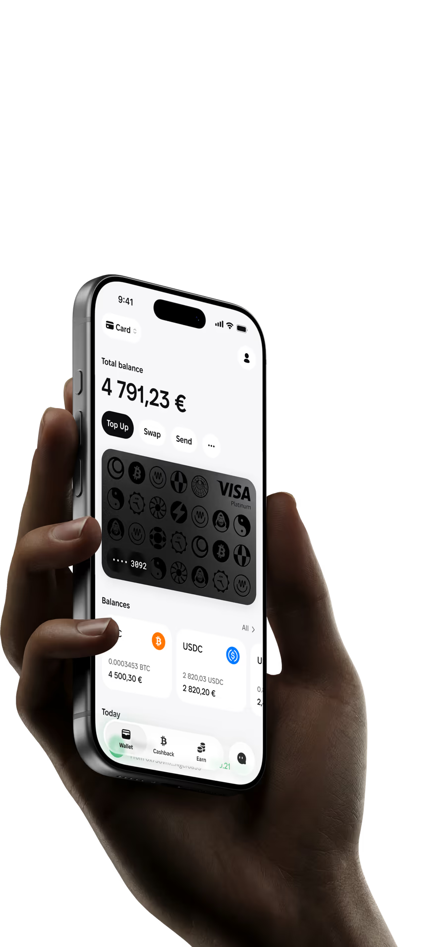 Kolo app screen with the card and balance