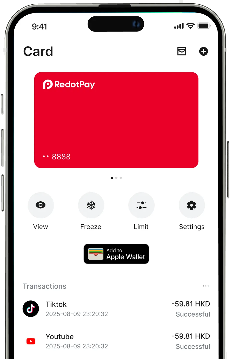 RedotPay app screen showing the red virtual card